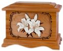 Lillies Adult Large Cremation Urn with Floral Wood Inlay Art  230 cu.in.