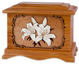 Lillies Adult Large Cremation Urn with Floral Wood Inlay Art  230 cu.in.