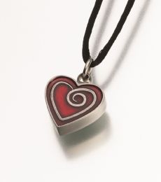 Pewter Heart w. Red Enamel Spiral Memorial Pendant Jewelry Cremation Urn