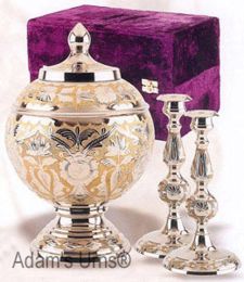 Adult Brass Urn Memorial Set With Candle Sticks and Box 200 Cu In