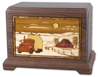 Trucker Large Adult Wood Cremation Urn with Inlay Art Scene