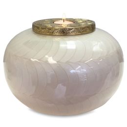 Brass Tealight Candle Cremation Urn White & Gold 210 Cu In