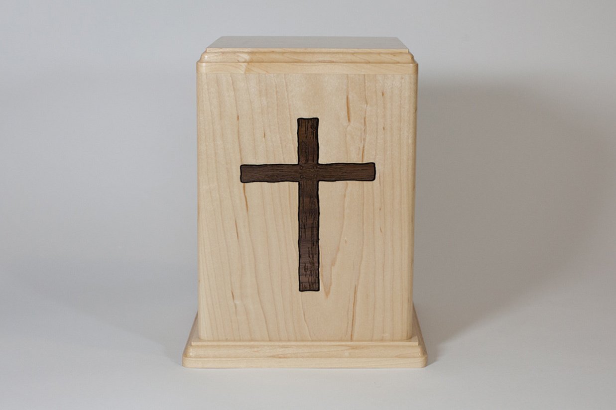 Maple Wood Cremation Urn with Walnut Cross Inlay