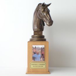 Horse Themed Large Adult Wood Cremation Urn with Bronze Horse Statue