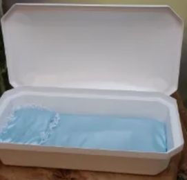 Standard Small White Casket With Blue Interior 18 Inch