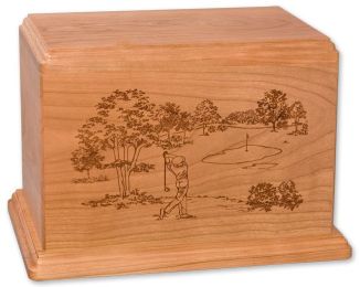 Laser Carved Golf Scene Wood Cremation Urns 200 Cu. In & 400 Cu. In.